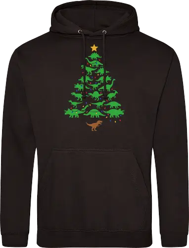 Jurassic Holiday: The Dinosaur Tree - dinosaur christmas tree shirt, funny holiday graphic tee, jurassic xmas apparel, cute dinosaur silhouette clothing, minimalist holiday streetwear, festive t-rex design, clever christmas merch, unique ugly sweater alternative, aesthetic holiday fashion, string lights dino tee - Standard Hoodie