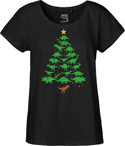 Jurassic Holiday: The Dinosaur Tree - dinosaur christmas tree shirt, funny holiday graphic tee, jurassic xmas apparel, cute dinosaur silhouette clothing, minimalist holiday streetwear, festive t-rex design, clever christmas merch, unique ugly sweater alternative, aesthetic holiday fashion, string lights dino tee - Fairtrade Girl Shirt