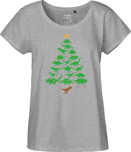 Jurassic Holiday: The Dinosaur Tree - dinosaur christmas tree shirt, funny holiday graphic tee, jurassic xmas apparel, cute dinosaur silhouette clothing, minimalist holiday streetwear, festive t-rex design, clever christmas merch, unique ugly sweater alternative, aesthetic holiday fashion, string lights dino tee - Fairtrade Girl Shirt