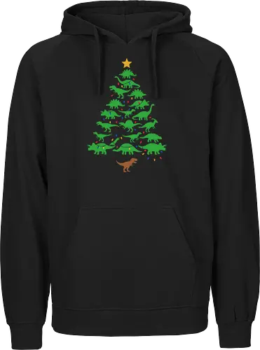 Jurassic Holiday: The Dinosaur Tree - dinosaur christmas tree shirt, funny holiday graphic tee, jurassic xmas apparel, cute dinosaur silhouette clothing, minimalist holiday streetwear, festive t-rex design, clever christmas merch, unique ugly sweater alternative, aesthetic holiday fashion, string lights dino tee - Fairtrade Hoodie