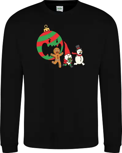 Holiday Havoc: The Killer Ornament - anti christmas streetwear, running gingerbread man design, spooky festive clothing, chaotic winter merch, quirky holiday fashion, aesthetic flat vector art, alternative christmas tee, funny christmas shirt, killer ornament graphic tee, dark humor holiday apparel - Sweatshirt