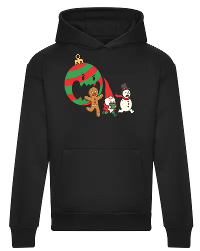 Holiday Havoc: The Killer Ornament - anti christmas streetwear, running gingerbread man design, spooky festive clothing, chaotic winter merch, quirky holiday fashion, aesthetic flat vector art, alternative christmas tee, funny christmas shirt, killer ornament graphic tee, dark humor holiday apparel - Heavyweight Hoodie