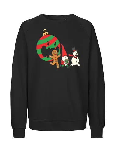 Holiday Havoc: The Killer Ornament - anti christmas streetwear, running gingerbread man design, spooky festive clothing, chaotic winter merch, quirky holiday fashion, aesthetic flat vector art, alternative christmas tee, funny christmas shirt, killer ornament graphic tee, dark humor holiday apparel - Fairtrade Sweatshirt