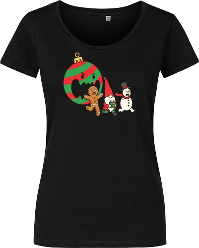 Holiday Havoc: The Killer Ornament - anti christmas streetwear, running gingerbread man design, spooky festive clothing, chaotic winter merch, quirky holiday fashion, aesthetic flat vector art, alternative christmas tee, funny christmas shirt, killer ornament graphic tee, dark humor holiday apparel - Damen T-Shirt