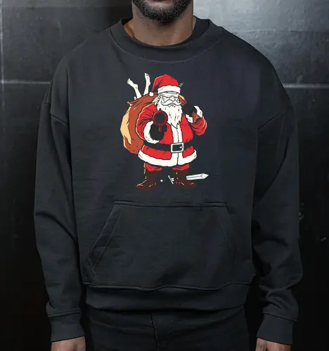 Naughty List Enforcer: Badass Santa - badass santa shirt, funny christmas graphic tee, dark humor holiday apparel, action movie santa clothing, edgy winter streetwear, sarcastic festive merch, naughty list enforcer design, ironic ugly sweater alternative, cool pop art santa, vintage stencil graphic - Cropped Sweatshirt