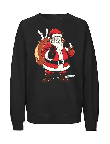 Naughty List Enforcer: Badass Santa - badass santa shirt, funny christmas graphic tee, dark humor holiday apparel, action movie santa clothing, edgy winter streetwear, sarcastic festive merch, naughty list enforcer design, ironic ugly sweater alternative, cool pop art santa, vintage stencil graphic - Fairtrade Sweatshirt