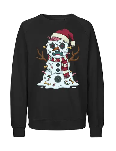 Frostbite: The Undead Snowman - zombie snowman shirt, creepy cute holiday graphic tee, dark humor christmas apparel, spooky winter streetwear, funny undead clothing, alternative ugly sweater, halloween and christmas mashup, pastel goth winter fashion, scary snowman merch, quirky pop art tee - Fairtrade Sweatshirt