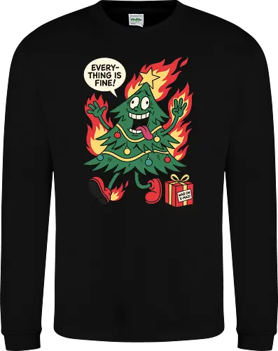 Holiday Chaos: This is Fine Tree - chaotic holiday graphic tee, burning christmas tree design, sarcastic festive streetwear, retro rubber hose cartoon, funny christmas tree shirt, this is fine meme apparel, dark humor christmas merch, alternative ugly sweater, funny holiday stress clothing, internet meme fashion - Sweatshirt