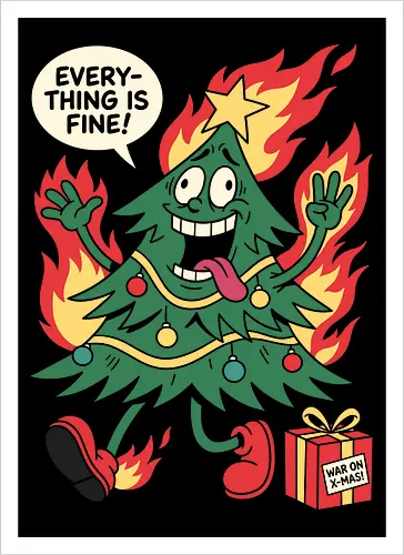 Holiday Chaos: This is Fine Tree - chaotic holiday graphic tee, burning christmas tree design, sarcastic festive streetwear, retro rubber hose cartoon, funny christmas tree shirt, this is fine meme apparel, dark humor christmas merch, alternative ugly sweater, funny holiday stress clothing, internet meme fashion - Kunstdruck