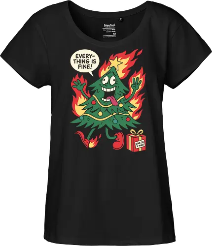 Holiday Chaos: This is Fine Tree - chaotic holiday graphic tee, burning christmas tree design, sarcastic festive streetwear, retro rubber hose cartoon, funny christmas tree shirt, this is fine meme apparel, dark humor christmas merch, alternative ugly sweater, funny holiday stress clothing, internet meme fashion - Fairtrade Girl Shirt
