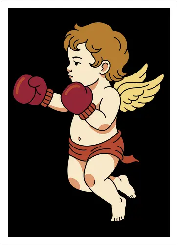 Fighting Cupid: The Boxing Angel - fighting cupid graphic tee, funny valentine apparel, retro cherub streetwear, boxing angel shirt, ironic romantic clothing, classic art parody tee, minimalist aesthetic fashion, love hurts graphic, quirky sports merch, vintage angel design - Kunstdruck