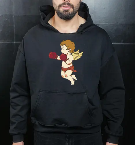Fighting Cupid: The Boxing Angel - fighting cupid graphic tee, funny valentine apparel, retro cherub streetwear, boxing angel shirt, ironic romantic clothing, classic art parody tee, minimalist aesthetic fashion, love hurts graphic, quirky sports merch, vintage angel design - Cropped Hoodie