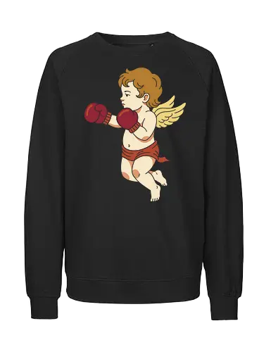 Fighting Cupid: The Boxing Angel - fighting cupid graphic tee, funny valentine apparel, retro cherub streetwear, boxing angel shirt, ironic romantic clothing, classic art parody tee, minimalist aesthetic fashion, love hurts graphic, quirky sports merch, vintage angel design - Fairtrade Sweatshirt