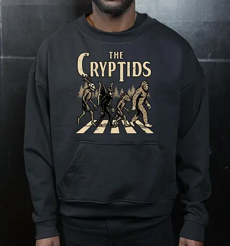 Cryptids Album Cover - Spooky Season, cryptids, cryptidm bigfoot, Cryptozoology, Sasquatch, chupacabra, mothman, wendigo, conspiracy, creatures, creature, mythical, Magical Creatures, Mythological Creatures, Strange Creatures, Mythological Creature, Mythical Creature, myth, mythical, legendary, monsters, monster, dark, Rock & Roll, forest, horror, scary, Music, Music Group, Musical, Classic, Rock, Rock And Roll, Rock N Roll, Album Cover, Album, Halloween, Eerie, Fright, Creepy, Halloween Design, Halloween Art, Halloween Aesthetic, Halloween Vibes, fun, Funny, Spooky - Cropped Sweatshirt
