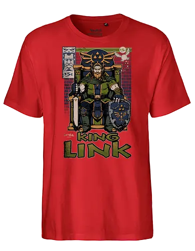 Elf Game King - Retro Vintage, Console, Retro Console, Platform, Fairy, Elf, King, Master Sword, Shield, Comic, Comic Book, Comics, Comic Books, Comic Book Cover, Throne, Video Game, Video Games, Game, Games, Classic Video Games, Classic Video Game, Classic Game, Classic Games, Nostalgia, Nostalgic, Adventure, Fantasy, Vintage, Retro - Fairtrade T-Shirt