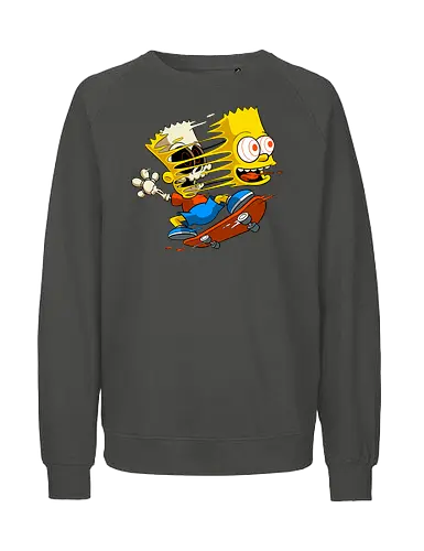 Freaky Gelber Skater Junge Horror - Underground Springfield Cartoon Kunst - gelber Junge Skate Horror, Cartoon Freaky Skater, gelbes Junge Skelett, Gesicht springt Schädel Cartoon, Skate Cartoon Horror, Zombie gelber Junge Skate, Geek Horror Skate Druck, dunkler Springfield Cartoon Skater, hervorquellende Augen Cartoon Horror, alternative Skate Kunst, Underground Cartoon Skater, urbaner Skate Geek Druck, Pop Art Horror Skate, Skater Junge Horror Charakter, Cartoon Skelett Skate - Fairtrade Sweatshirt