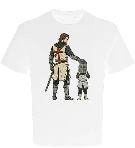 The Squire's Burden: A Knight's Legacy - knight and squire shirt, medieval crusader graphic tee, funny history apparel, D&D player clothing, big helmet child design, historical meme streetwear, retro comic book art, templar knight merch, father and son knight tee, aesthetic fantasy fashion - Oversize T-Shirt