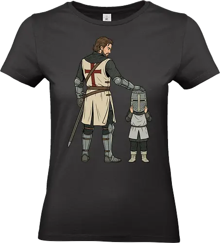 The Squire's Burden: A Knight's Legacy - knight and squire shirt, medieval crusader graphic tee, funny history apparel, D&D player clothing, big helmet child design, historical meme streetwear, retro comic book art, templar knight merch, father and son knight tee, aesthetic fantasy fashion - Standard T-Shirt (Frauen)