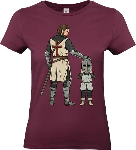 The Squire's Burden: A Knight's Legacy - knight and squire shirt, medieval crusader graphic tee, funny history apparel, D&D player clothing, big helmet child design, historical meme streetwear, retro comic book art, templar knight merch, father and son knight tee, aesthetic fantasy fashion - Standard T-Shirt (Frauen)