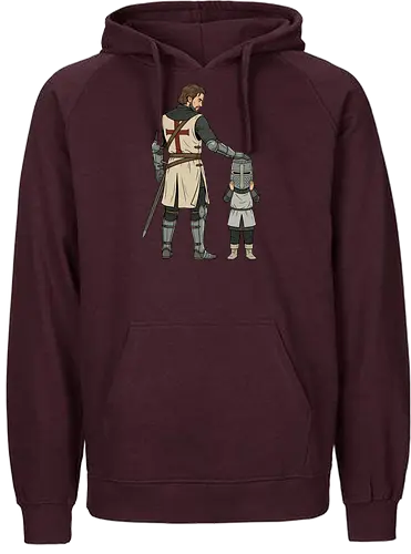 The Squire's Burden: A Knight's Legacy - knight and squire shirt, medieval crusader graphic tee, funny history apparel, D&D player clothing, big helmet child design, historical meme streetwear, retro comic book art, templar knight merch, father and son knight tee, aesthetic fantasy fashion - Fairtrade Hoodie