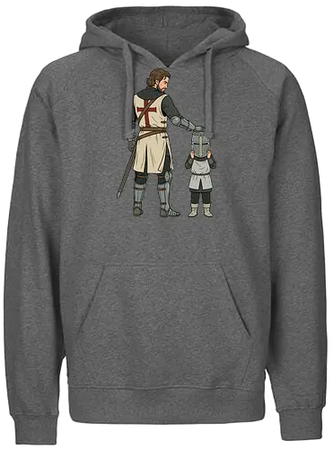 The Squire's Burden: A Knight's Legacy - knight and squire shirt, medieval crusader graphic tee, funny history apparel, D&D player clothing, big helmet child design, historical meme streetwear, retro comic book art, templar knight merch, father and son knight tee, aesthetic fantasy fashion - Fairtrade Hoodie