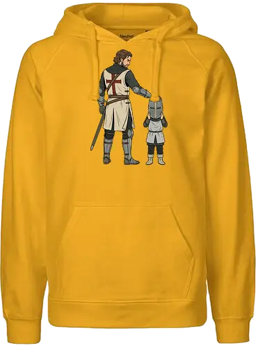 The Squire's Burden: A Knight's Legacy - knight and squire shirt, medieval crusader graphic tee, funny history apparel, D&D player clothing, big helmet child design, historical meme streetwear, retro comic book art, templar knight merch, father and son knight tee, aesthetic fantasy fashion - Fairtrade Hoodie
