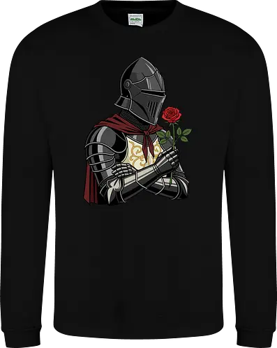Chivalry and Steel: The Romantic Knight - dark knight shirt, medieval armor graphic tee, knight holding rose apparel, romantic gothic streetwear, D&D player clothing, dark fantasy fashion, chivalry aesthetic tee, comic book style knight, aesthetic warrior merch, fantasy romance design - Sweatshirt
