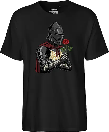 Chivalry and Steel: The Romantic Knight - dark knight shirt, medieval armor graphic tee, knight holding rose apparel, romantic gothic streetwear, D&D player clothing, dark fantasy fashion, chivalry aesthetic tee, comic book style knight, aesthetic warrior merch, fantasy romance design - Fairtrade T-Shirt