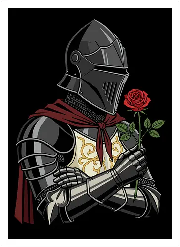 Chivalry and Steel: The Romantic Knight - dark knight shirt, medieval armor graphic tee, knight holding rose apparel, romantic gothic streetwear, D&D player clothing, dark fantasy fashion, chivalry aesthetic tee, comic book style knight, aesthetic warrior merch, fantasy romance design - Kunstdruck