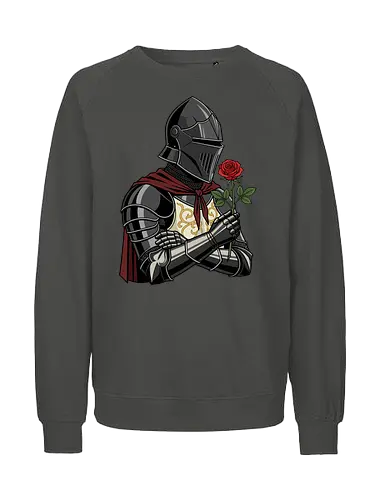 Chivalry and Steel: The Romantic Knight - dark knight shirt, medieval armor graphic tee, knight holding rose apparel, romantic gothic streetwear, D&D player clothing, dark fantasy fashion, chivalry aesthetic tee, comic book style knight, aesthetic warrior merch, fantasy romance design - Fairtrade Sweatshirt