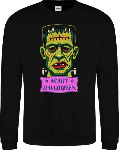 Frankenstein's Fright: Retro Scary Halloween - Frankenstein monster shirt, retro Halloween graphic tee, vintage horror apparel, pop art scary clothing, classic movie monster streetwear, colorful spooky design, creepy aesthetic fashion, 90s nostalgia halloween shirt, green monster merch, trick or treat graphic tee - Sweatshirt