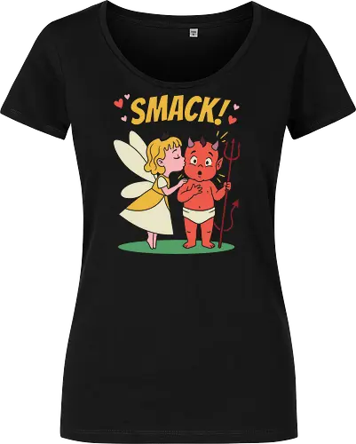 Opposites Attract: Fairy & Demon Kiss - fairy and demon shirt, opposites attract graphic tee, cute valentine apparel, funny couples clothing, kawaii aesthetic streetwear, retro cartoon design, angel and devil merch, sweet and spooky fashion, comic book style graphic, quirky love shirt - Damen T-Shirt