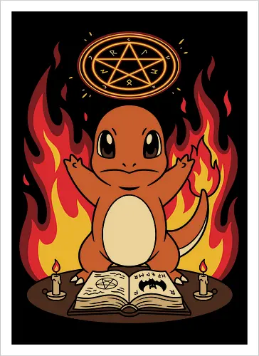 Fiery Summoning: The Occult Starter - Charmander shirt, occult gaming graphic tee, retro anime streetwear, fire starter apparel, witchy monster design, spooky cute 90s fashion, nostalgic gamer clothing, dark magic anime merch, pentagram graphic shirt, alternative pop culture tee - Kunstdruck