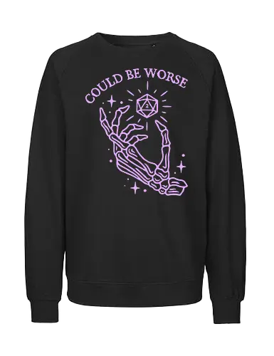 Could Be Worse: The Unlucky D20 - funny D&D shirt, TTRPG graphic tee, pastel goth skeleton apparel, d20 dice clothing, could be worse quote shirt, tabletop gamer streetwear, critical fail merch, spooky cute aesthetic fashion, sarcastic RPG design, dice goblin shirt - Fairtrade Sweatshirt