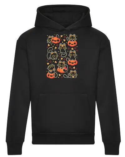 Cute Black Cats with Candy Corn - halloween cat, candy corn, cute black cat, cute pumpkin, halloween, kitty, kawaii, fall, love, spooky cute, cozy, warm, pattern, seamless, xmorfina - Heavyweight Hoodie