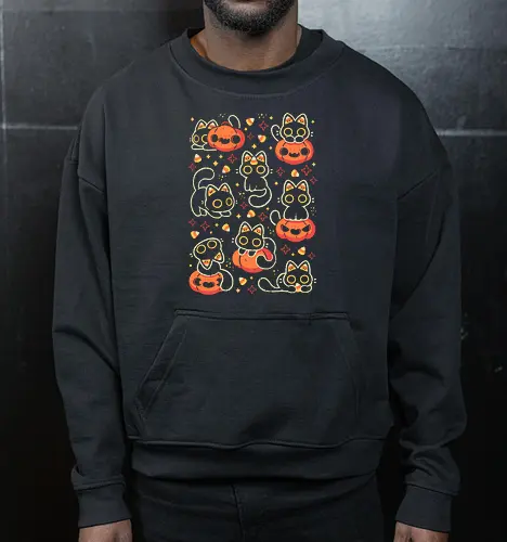 Cute Black Cats with Candy Corn - halloween cat, candy corn, cute black cat, cute pumpkin, halloween, kitty, kawaii, fall, love, spooky cute, cozy, warm, pattern, seamless, xmorfina - Cropped Sweatshirt