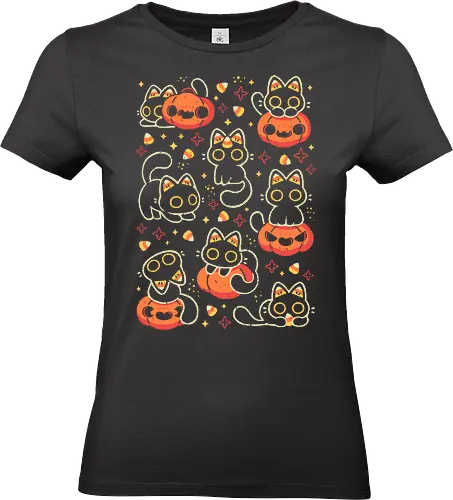 Cute Black Cats with Candy Corn - halloween cat, candy corn, cute black cat, cute pumpkin, halloween, kitty, kawaii, fall, love, spooky cute, cozy, warm, pattern, seamless, xmorfina - Standard T-Shirt (Frauen)