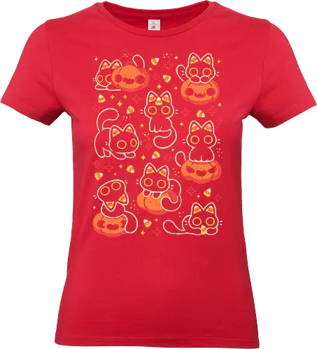 Cute Black Cats with Candy Corn - halloween cat, candy corn, cute black cat, cute pumpkin, halloween, kitty, kawaii, fall, love, spooky cute, cozy, warm, pattern, seamless, xmorfina - Standard T-Shirt (Frauen)