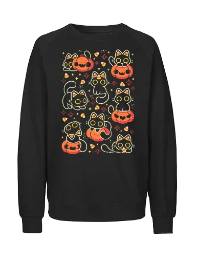 Cute Black Cats with Candy Corn - halloween cat, candy corn, cute black cat, cute pumpkin, halloween, kitty, kawaii, fall, love, spooky cute, cozy, warm, pattern, seamless, xmorfina - Fairtrade Sweatshirt