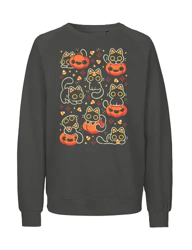 Cute Black Cats with Candy Corn - halloween cat, candy corn, cute black cat, cute pumpkin, halloween, kitty, kawaii, fall, love, spooky cute, cozy, warm, pattern, seamless, xmorfina - Fairtrade Sweatshirt