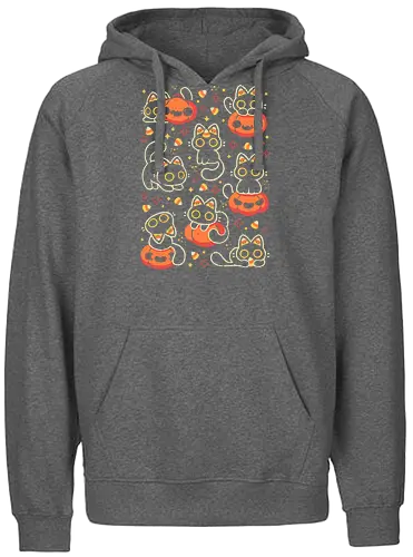 Cute Black Cats with Candy Corn - halloween cat, candy corn, cute black cat, cute pumpkin, halloween, kitty, kawaii, fall, love, spooky cute, cozy, warm, pattern, seamless, xmorfina - Fairtrade Hoodie