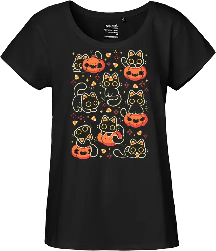 Cute Black Cats with Candy Corn - halloween cat, candy corn, cute black cat, cute pumpkin, halloween, kitty, kawaii, fall, love, spooky cute, cozy, warm, pattern, seamless, xmorfina - Fairtrade Girl Shirt
