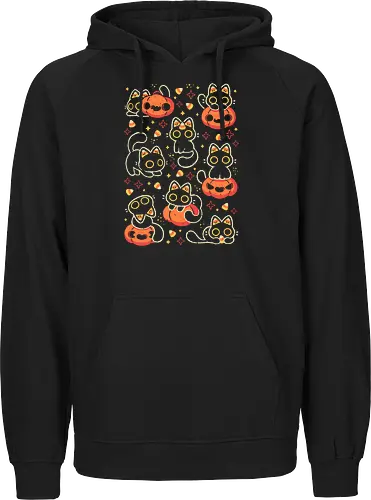 Cute Black Cats with Candy Corn - halloween cat, candy corn, cute black cat, cute pumpkin, halloween, kitty, kawaii, fall, love, spooky cute, cozy, warm, pattern, seamless, xmorfina - Fairtrade Hoodie