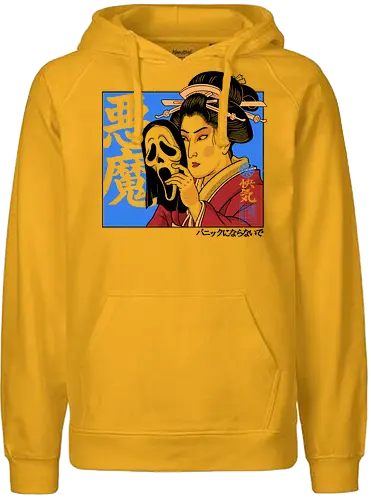 Geisha's Secret - mask, skull, gothic, creepy, spooky, samurai, culture, vintage, cinema, mystery, dark, traditional, asian, terror, illustration, geek, japanese, geisha, japan, horror - Fairtrade Hoodie