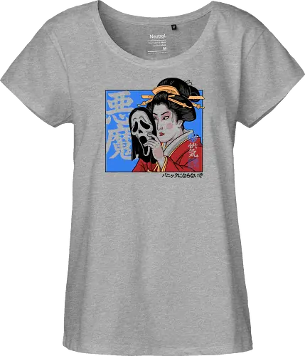 Geisha's Secret - mask, skull, gothic, creepy, spooky, samurai, culture, vintage, cinema, mystery, dark, traditional, asian, terror, illustration, geek, japanese, geisha, japan, horror - Fairtrade Girl Shirt
