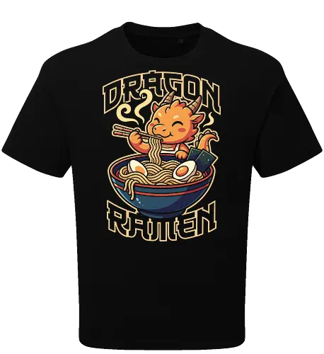 Dragon Ramen: The Fiery Feast - Japanese ramen shirt, kawaii dragon graphic tee, cute anime food apparel, retro foodie streetwear, slurp noodles design, aesthetic pop art clothing, fantasy creature merch, Japanese noodle bowl shirt, orange dragon graphic, cozy otaku fashion - Oversize T-Shirt