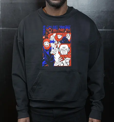 Itadori Squad Full Throttle JJK - yuji itadori, jjk group, dynamic pose, red orange palette, shonen action, anime fan gift, jujutsu kaisen squad, manga energy - Cropped Sweatshirt