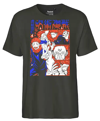 Itadori Squad Full Throttle JJK - yuji itadori, jjk group, dynamic pose, red orange palette, shonen action, anime fan gift, jujutsu kaisen squad, manga energy - Fairtrade T-Shirt
