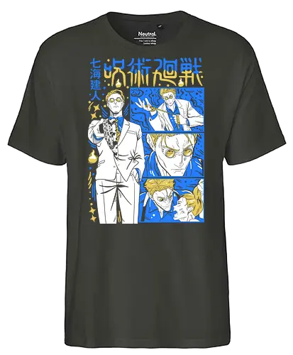 Nanami Kento Steady Resolve JJK - nanami kento, jjk nanami, suit style sorcerer, gold yellow tone, calm and powerful, anime gift for him, jujutsu kaisen fan art, otaku apparel - Fairtrade T-Shirt