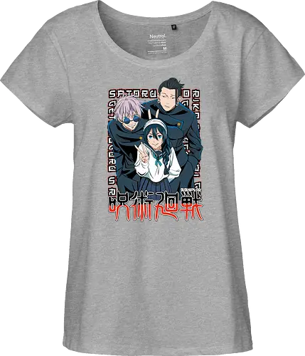 Gojo Group Satoru JJK Squad Goals - gojo satoru, jjk cast, group design, blue black palette, jujutsu kaisen squad, anime fan gift set, otaku crew shirt, shonen group art - Fairtrade Girl Shirt